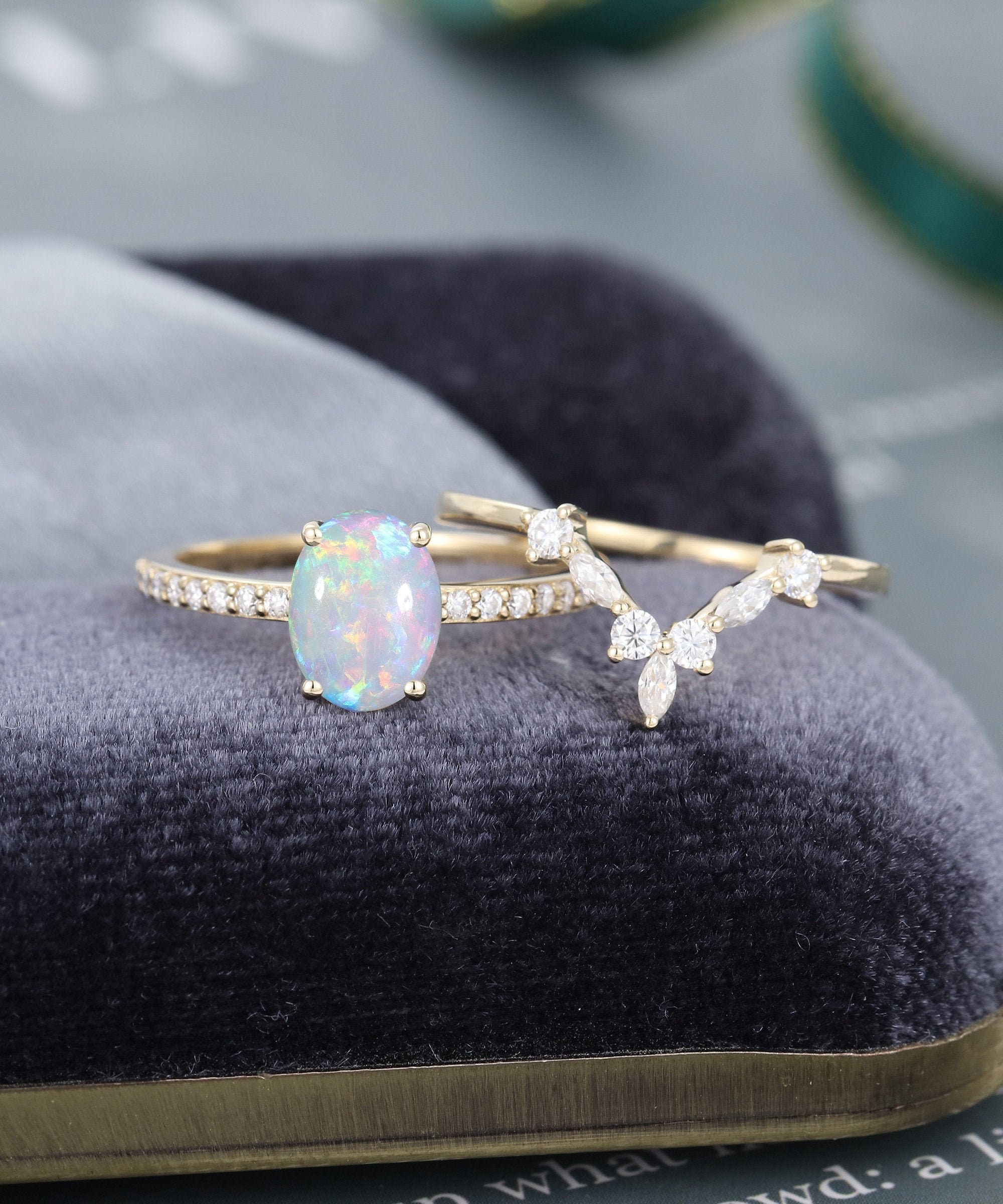 Oval Opal Engagement Ring Set Vintage Yellow Gold Unique Marquise Cut ...