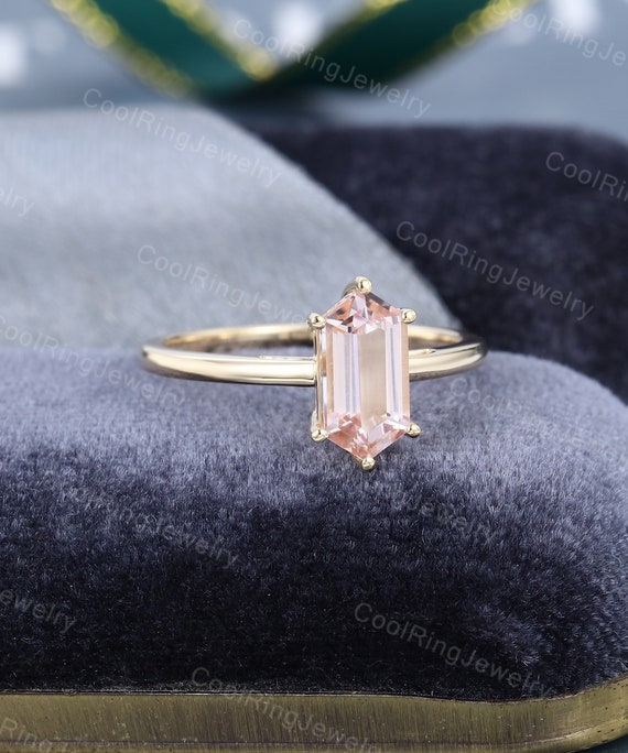 Elongated hexagon cut pink morganite engagement ring yellow gold ring solitaire ring simple Bridal ring Wedding bridal anniversary ring