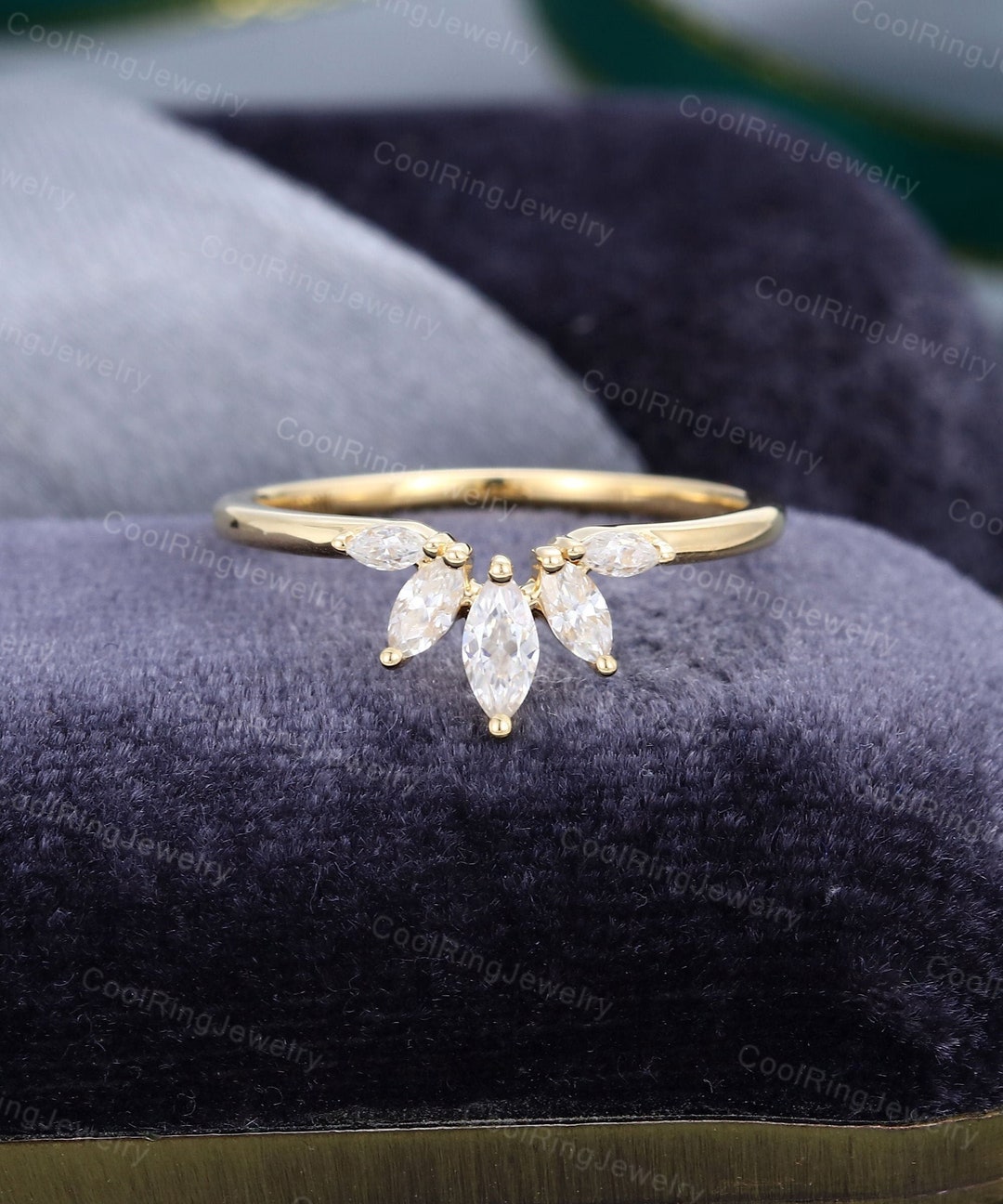 Curved Wedding Band Vintage Unique Yellow Gold Moissanite Band Marquise ...