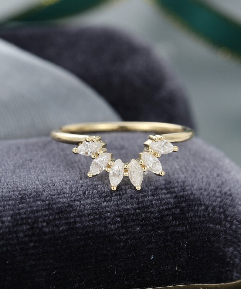 Curved Wedding Band Yellow Gold Unique Marquise Cut Moissanite /diamond ...