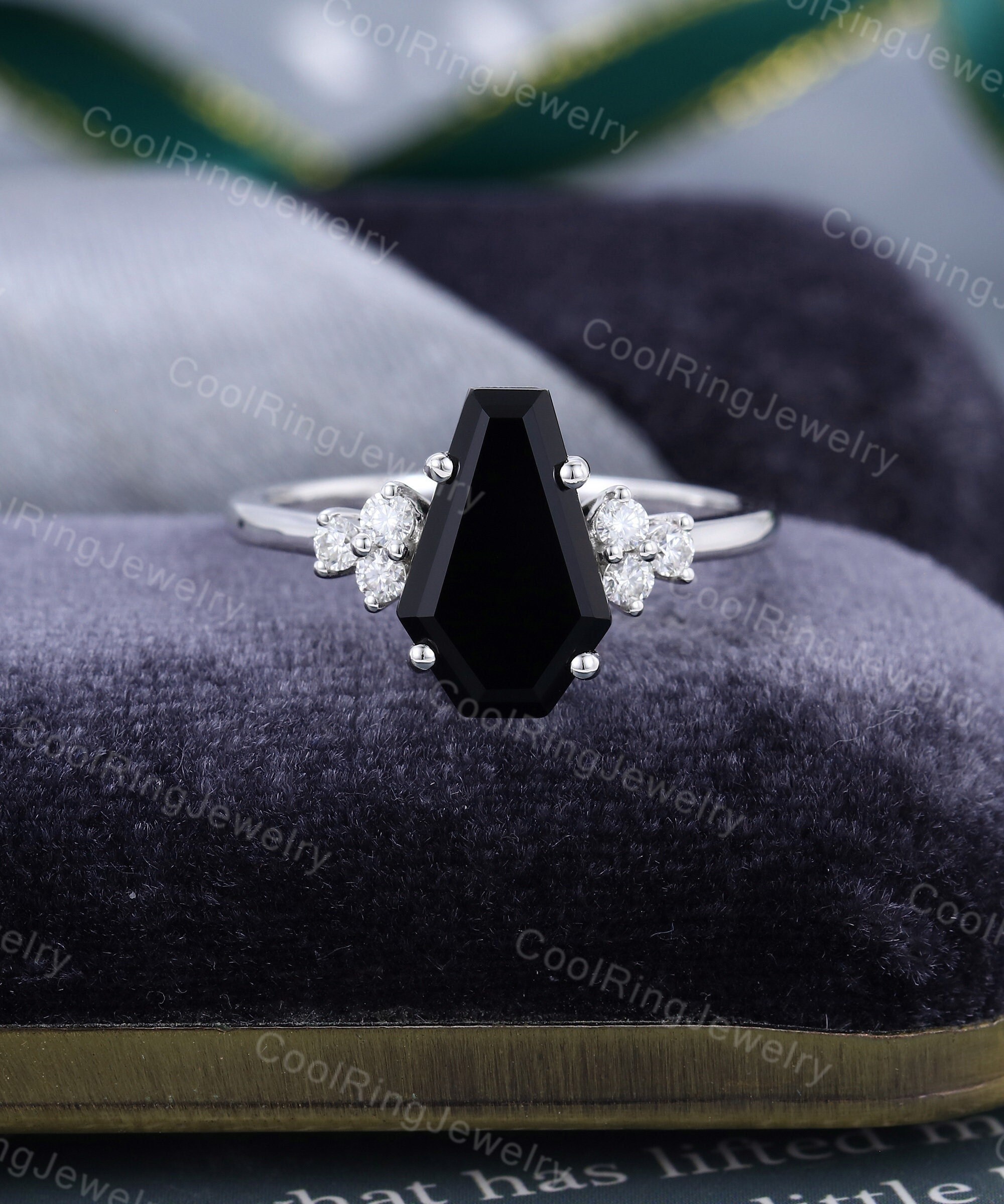 Black Onyx Engagement Ring Coffin Shaped Ring White Gold Diamond