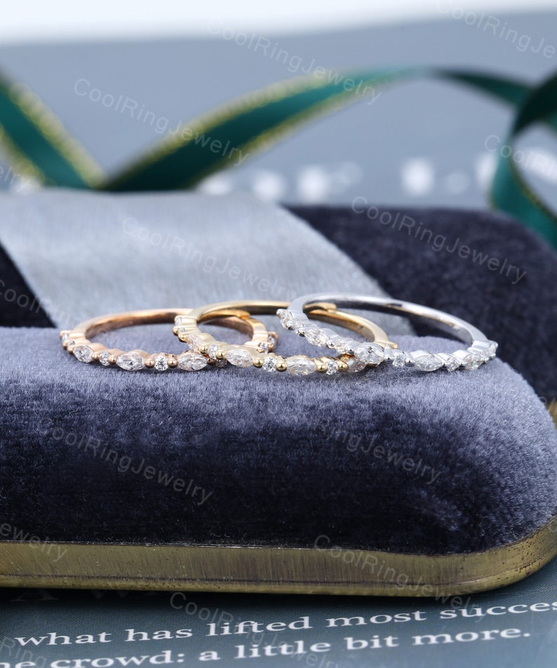 Half eternity wedding band women Moissanite wedding band Rose gold Marquise cut diamond stacking matching Vintage ring Bridal Gift for women image 3