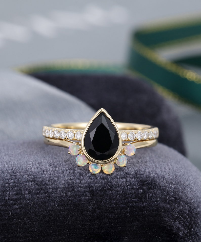 2PCS Pear Shaped Black Onyx Engagement Ring Set Vintage Unique - Etsy