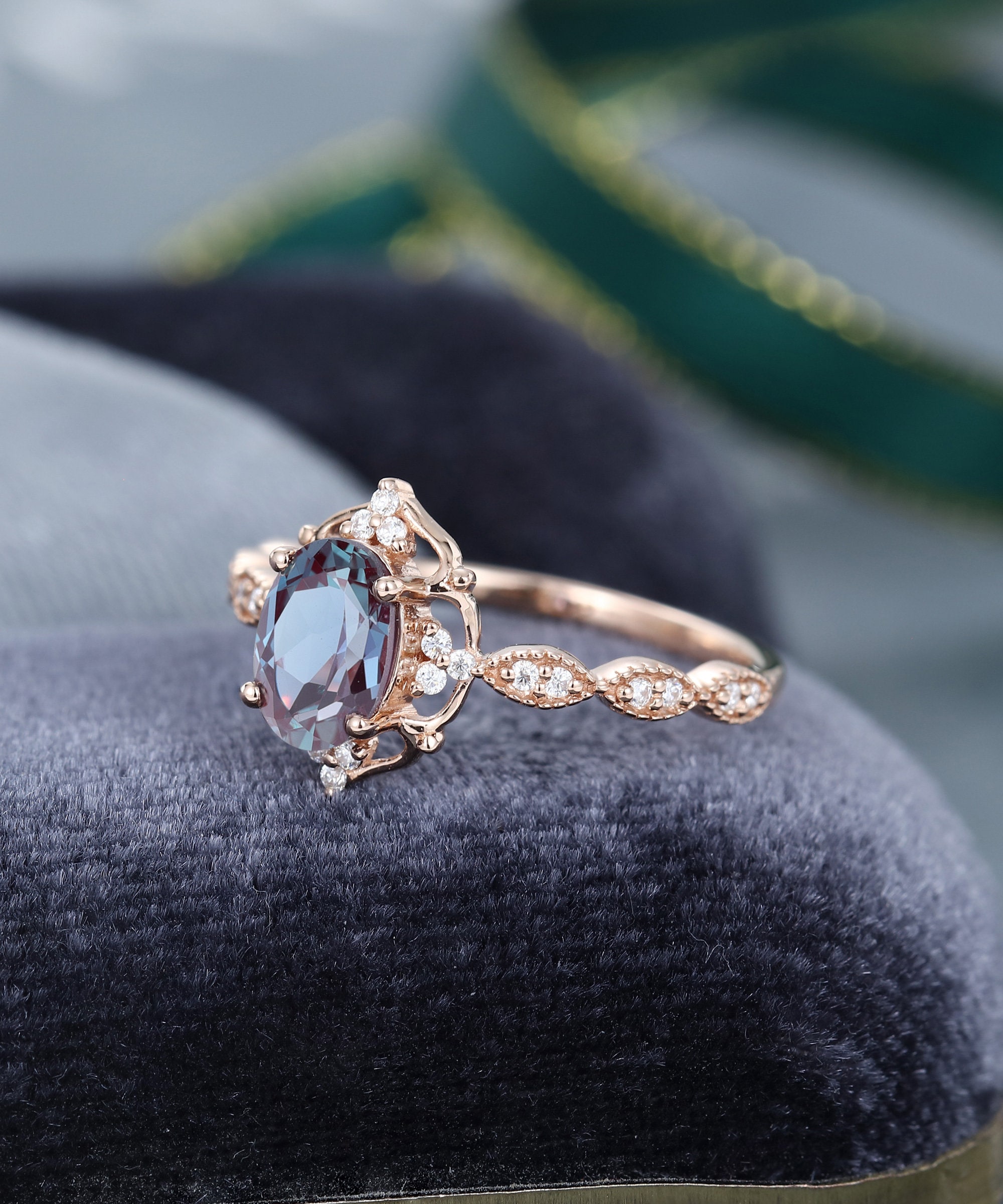 Rose gold Oval cut Alexandrite engagement ring vintage Unique | Etsy