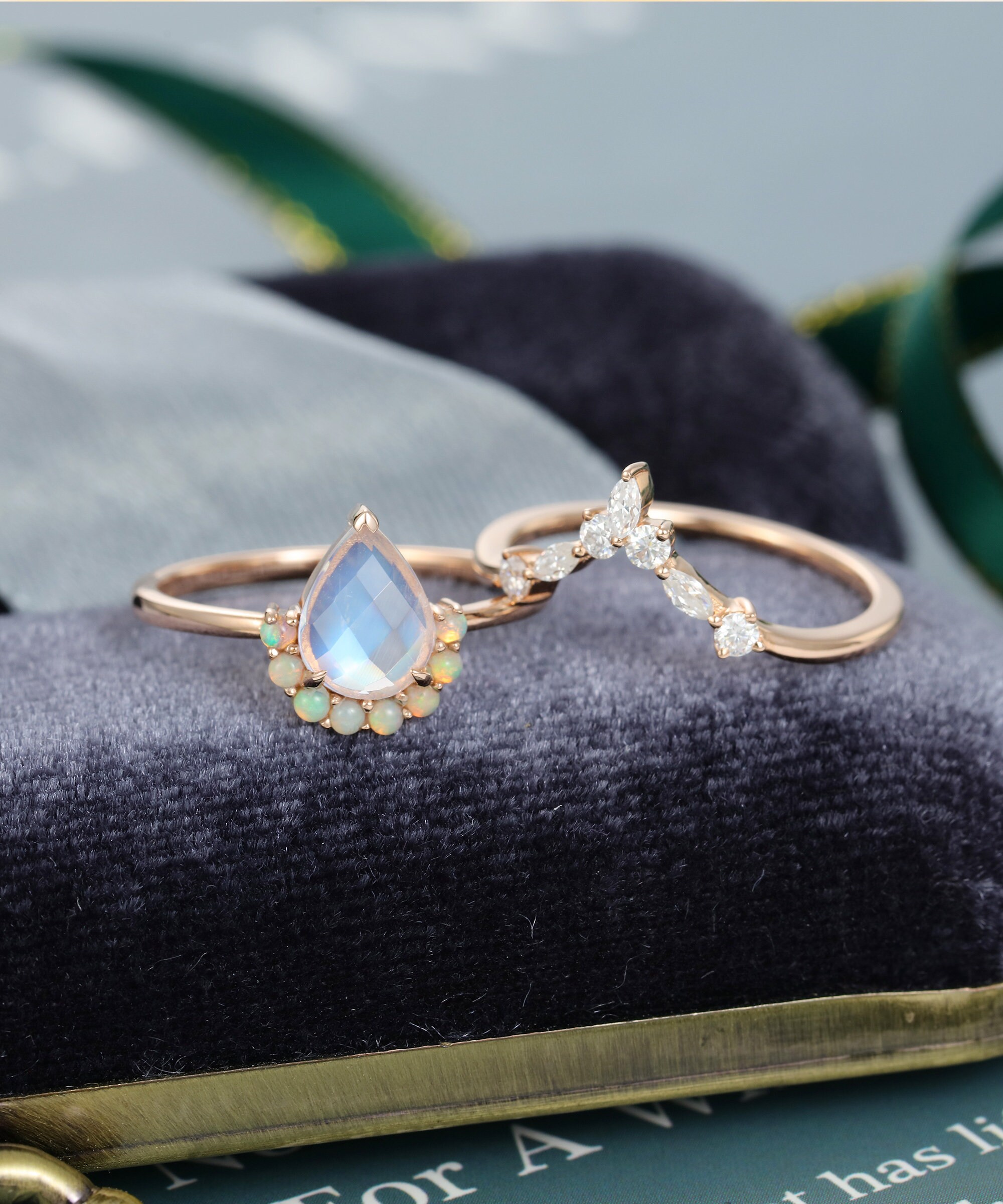 Unique Pear Shaped Moonstone Engagement Ring Set Vintage Rose | Etsy