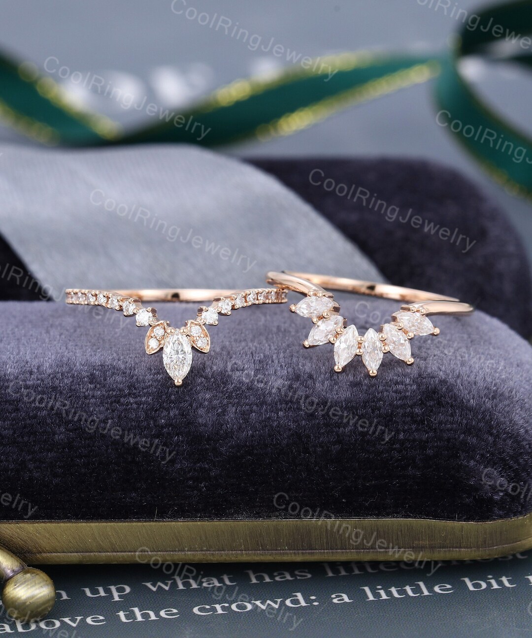 Diamond Curved Wedding Band Vintage Rose Gold Ring Marquise Cut ...