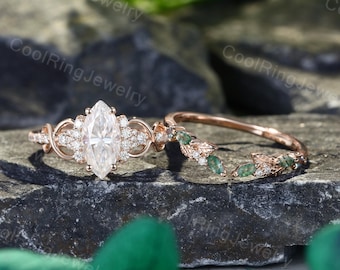 Marquise cut Moissanite engagement ring set Solid Rose Gold Leaf ring Vintage Moss Agate Wedding band Nature inspired ring Anniversary ring