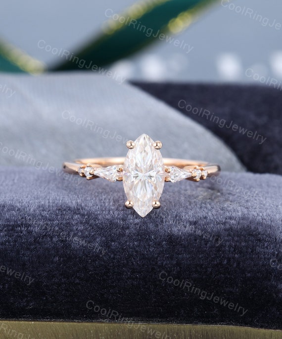 Marquise cut Moissanite engagement ring Vintage Rose gold ring art deco kite cut natural diamond ring Wedding anniversary promise ring