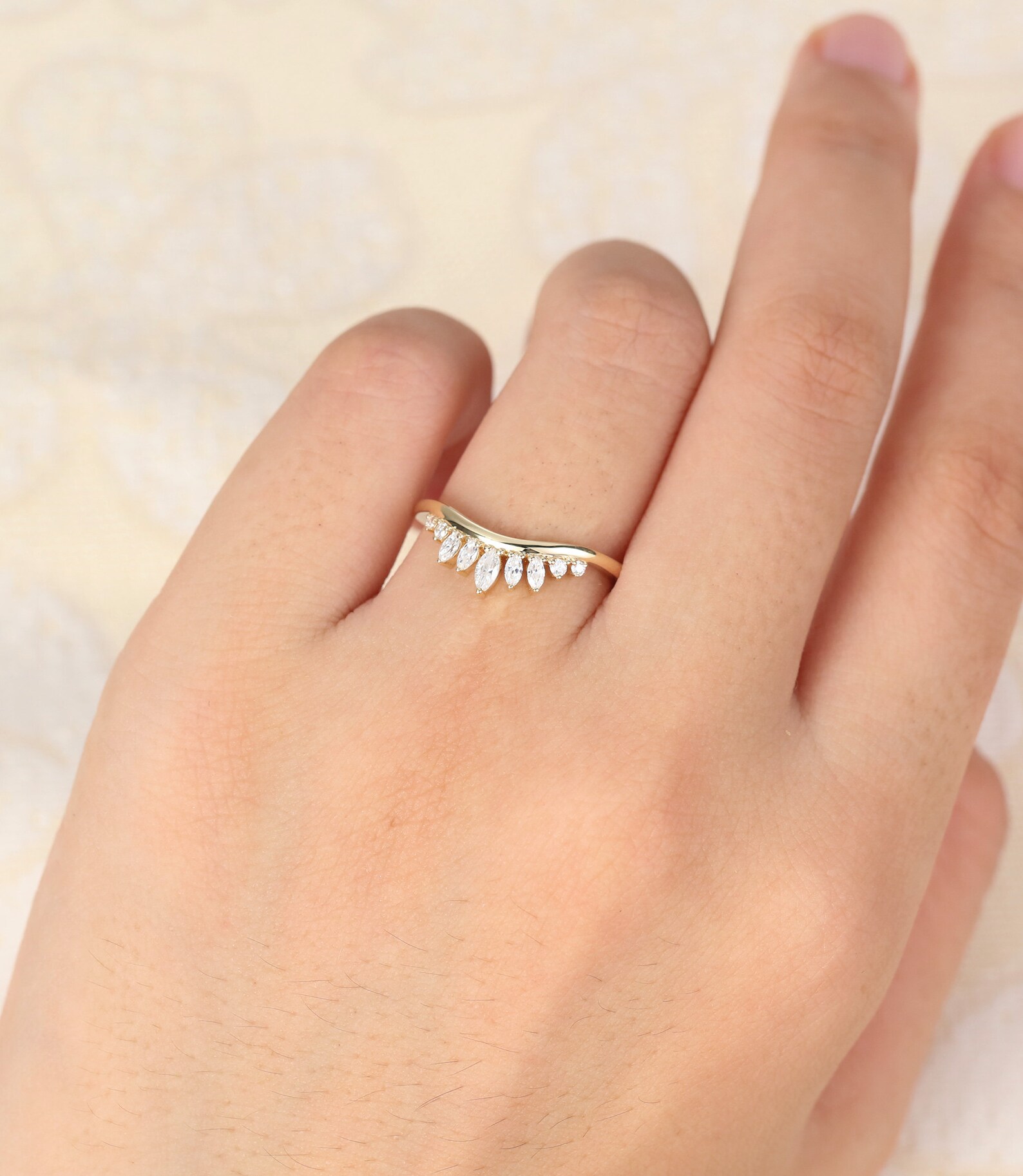 Marquise Cut Curved Wedding Band Women Solid 14K Yellow Gold Unique ...