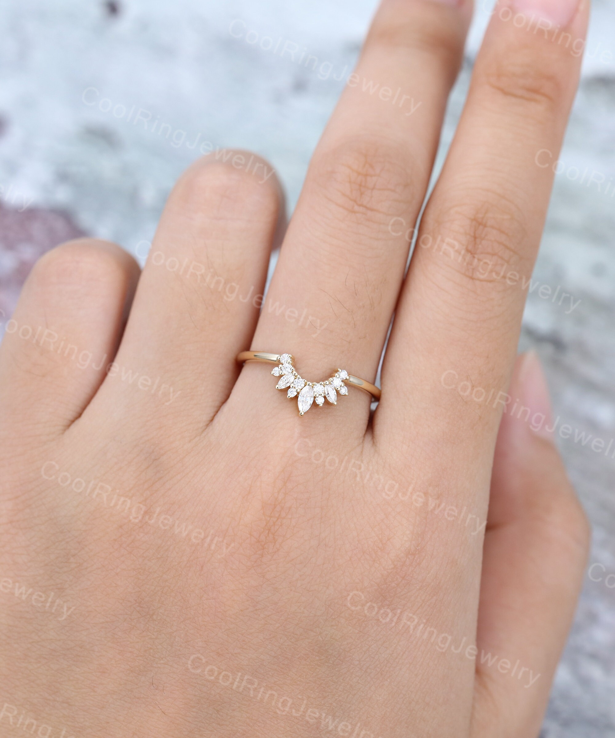 Marquise Cut Moissanite Wedding Band Solid Yellow Gold Ring Unique ...