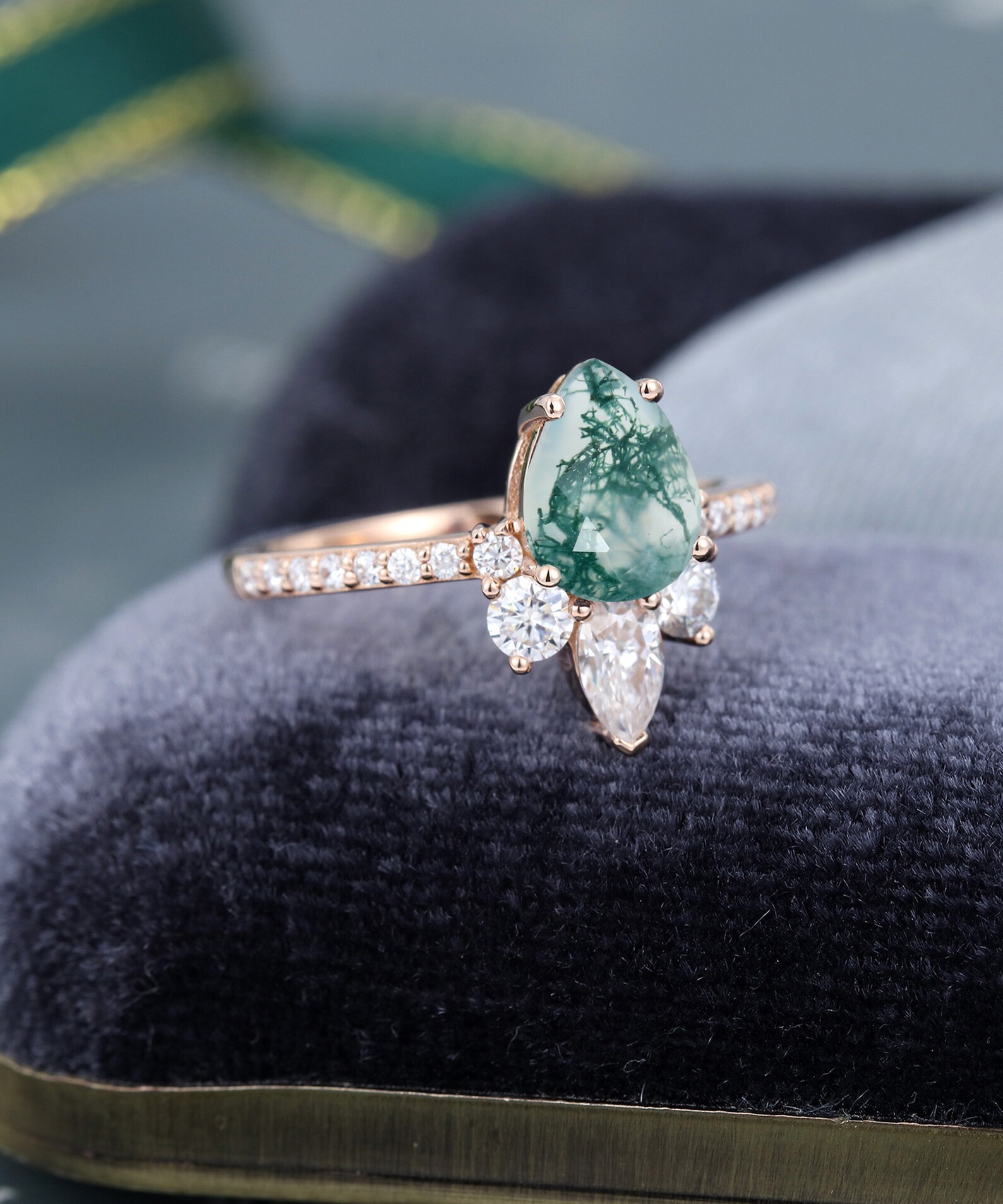 Pear Shaped Moss Agate Engagement Ring Rose Gold Unique | Etsy