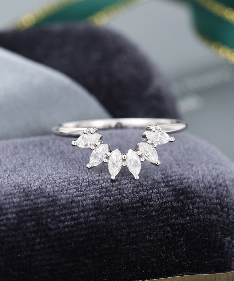 Curved Wedding Band Yellow Gold Unique Marquise Cut Moissanite /diamond ...