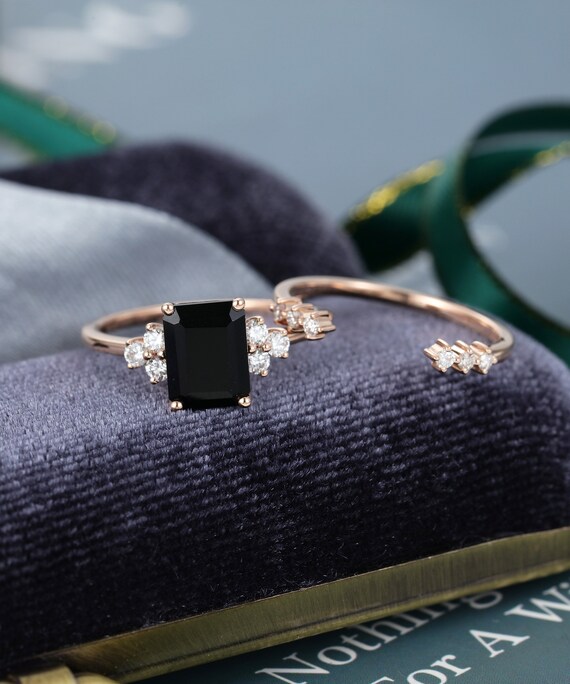 2pcs Emerald Cut Black Onyx Engagement Ring Set Rose Gold Etsy 2pcs Emerald Cut Black Onyx Engagement Ring Set Rose Gold Etsy