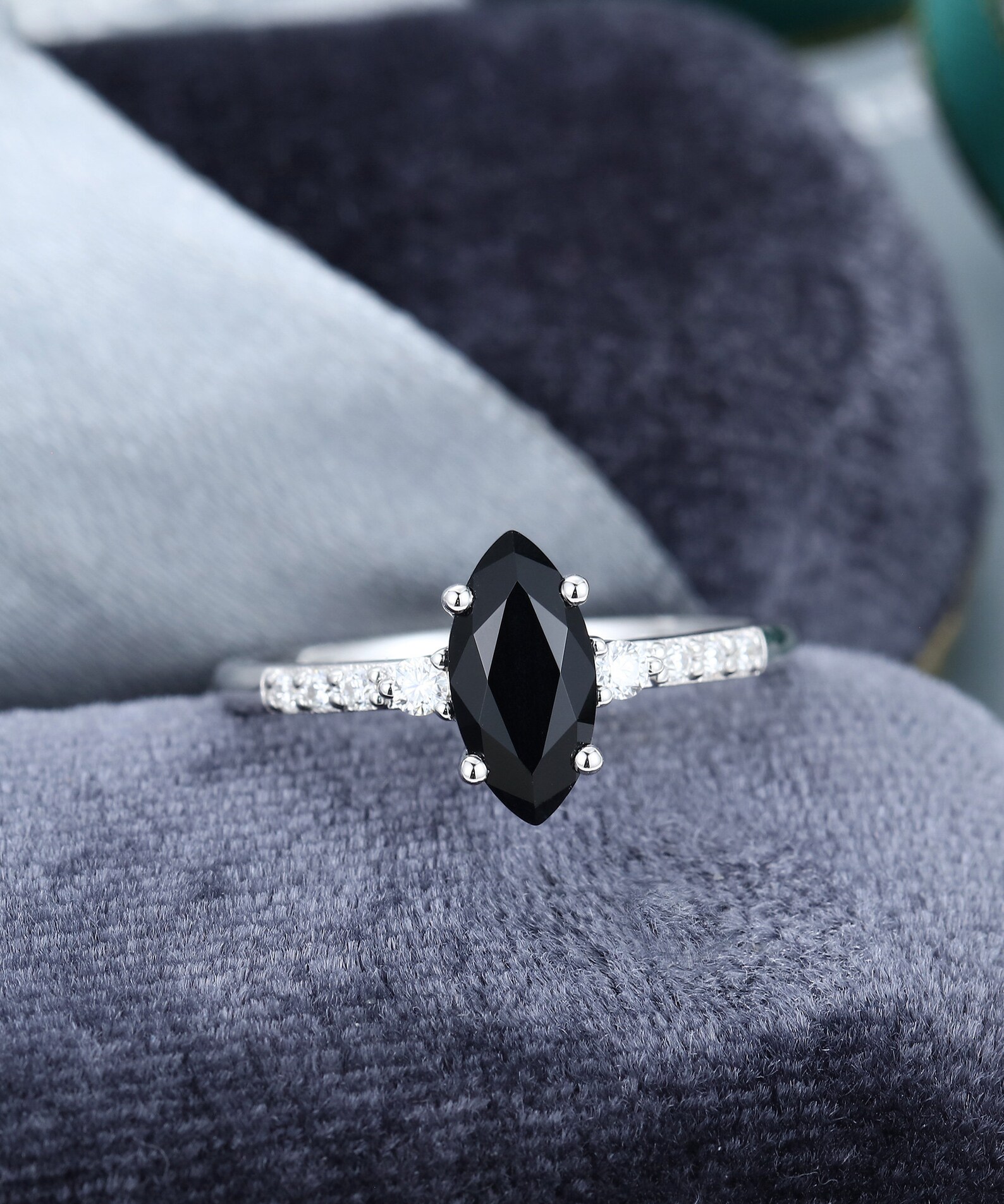 Marquise Cut Black Onyx Engagement Ring Vintage White Gold Engagement Marquise Cut Black Onyx Engagement Ring Vintage White Gold Engagement