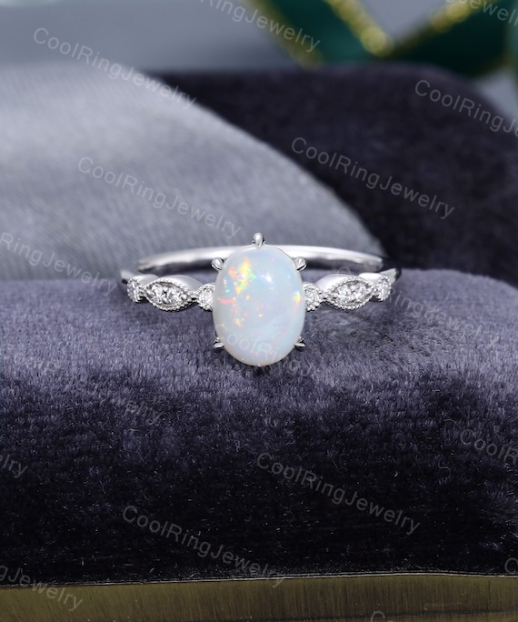 White Gold Oval Cut Opal Engagement Ring Vintage Unique - Etsy