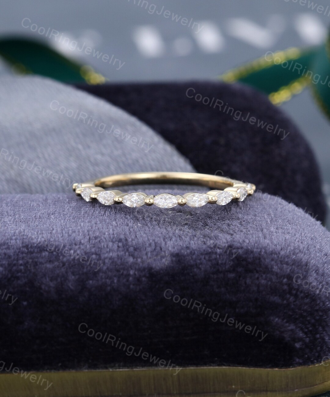 Half Eternity Wedding Band Women Moissanite Yellow Gold Ring Marquise ...