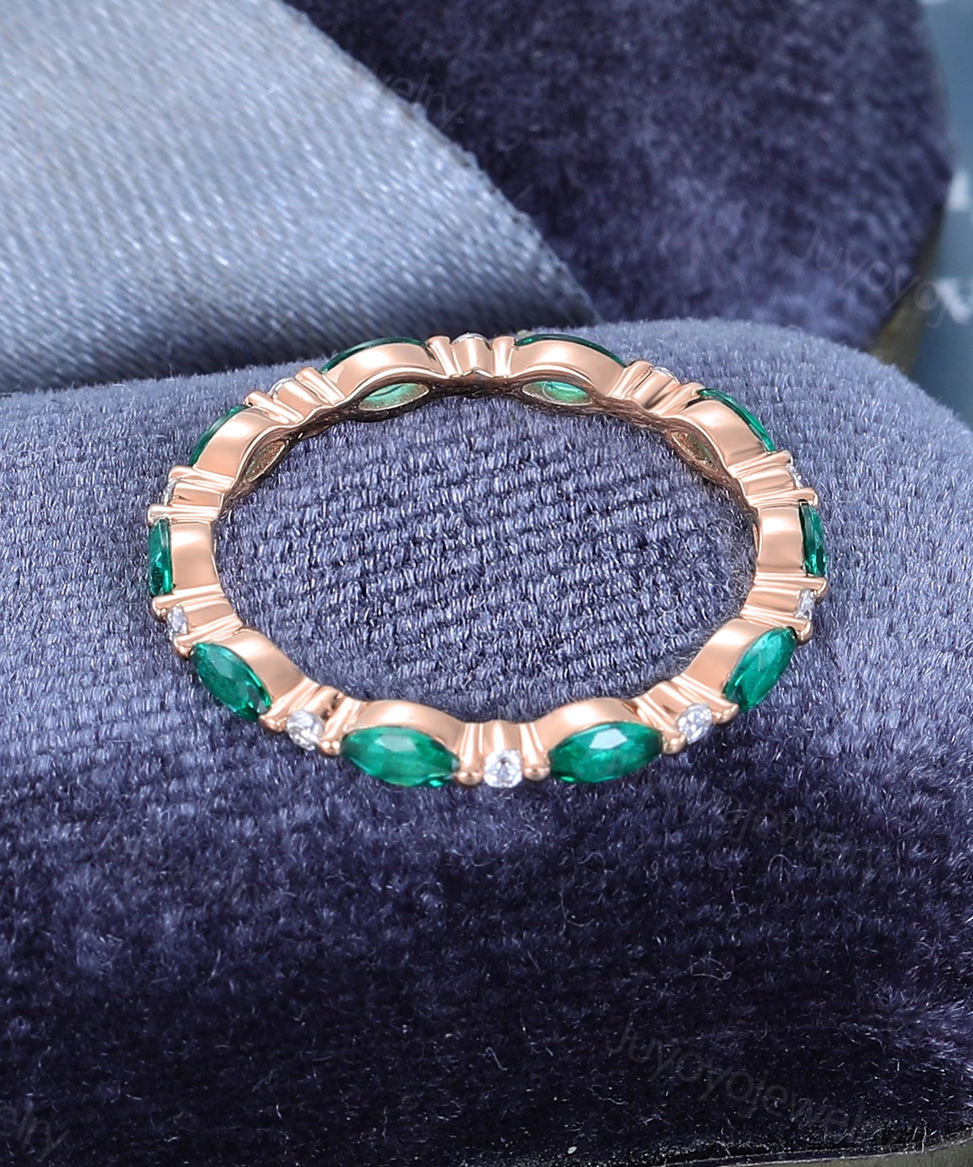 Emerald Wedding Band Solid Gold Vintage Marquise Cut Ring Full Eternity ...