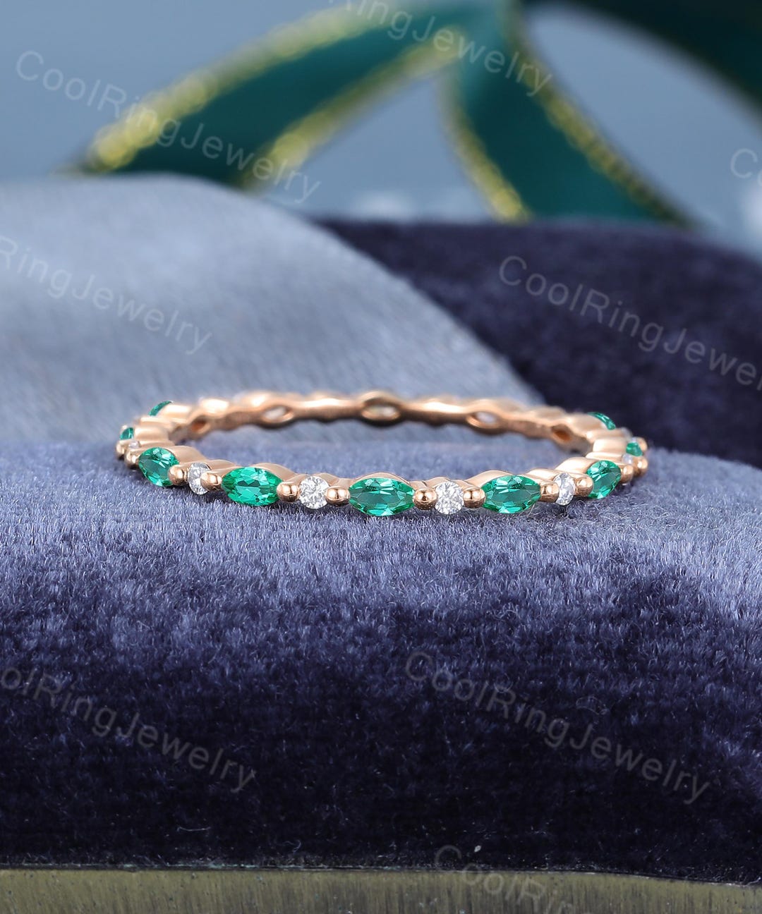 Marquise Cut Emerald Wedding Band Rose Gold Stacking Matching Ring ...
