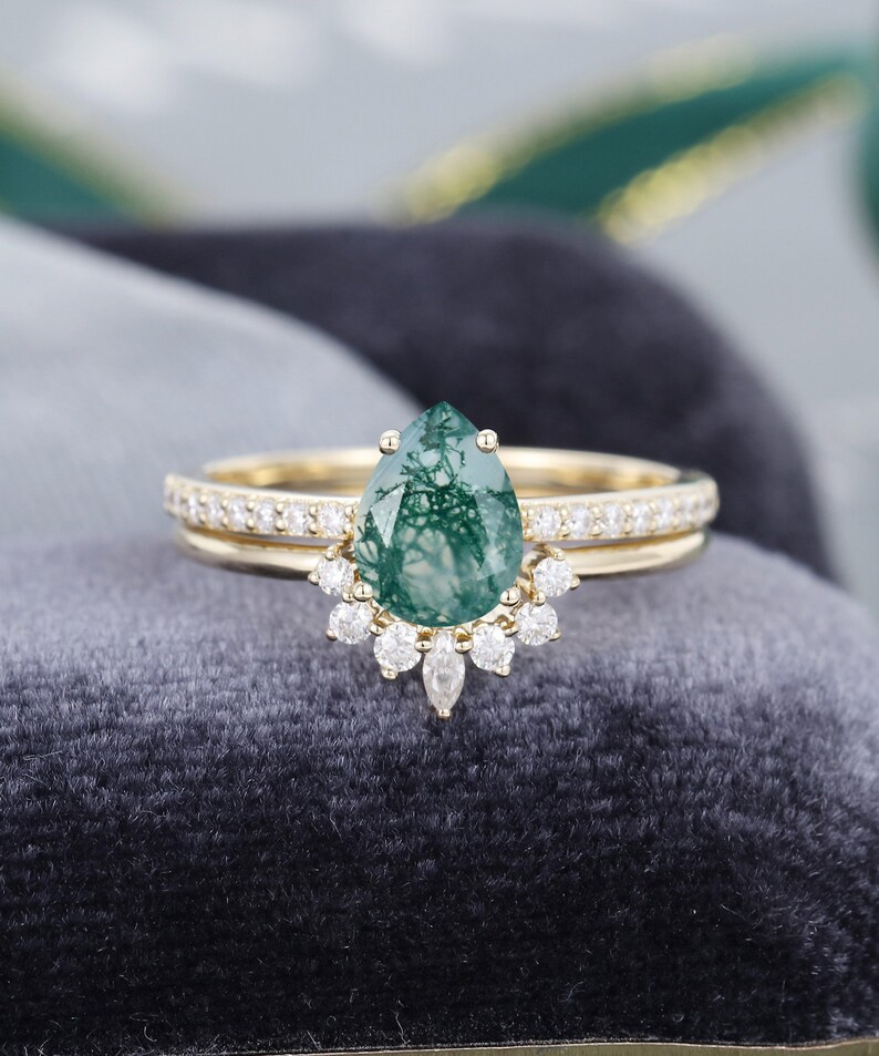 Pear Shaped Moss Agate Engagement Ring Yellow Gold Moissanite - Etsy