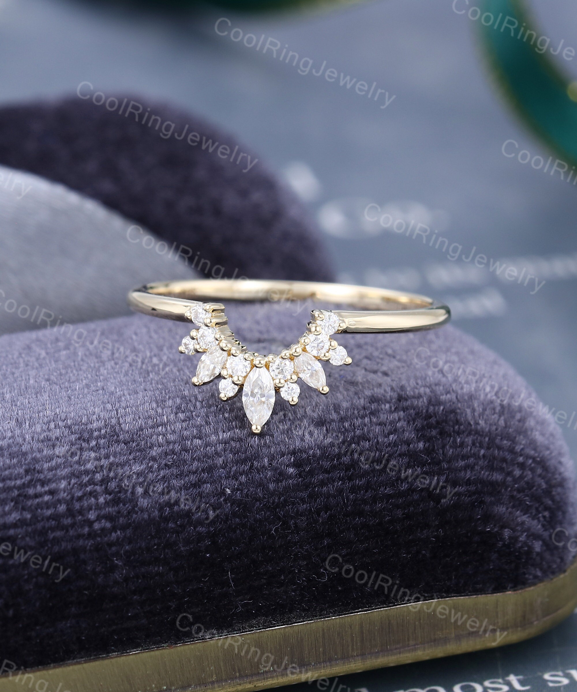 Marquise Cut Moissanite Wedding Band Solid Yellow Gold Ring Unique ...