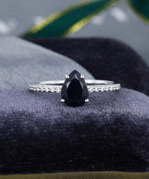 Black Sapphire Engagement Ring White Gold Pear Shaped Engagement Ring Vintage Half Eternity Diamond Ring Anniversary Gift for Women Etsy Canada