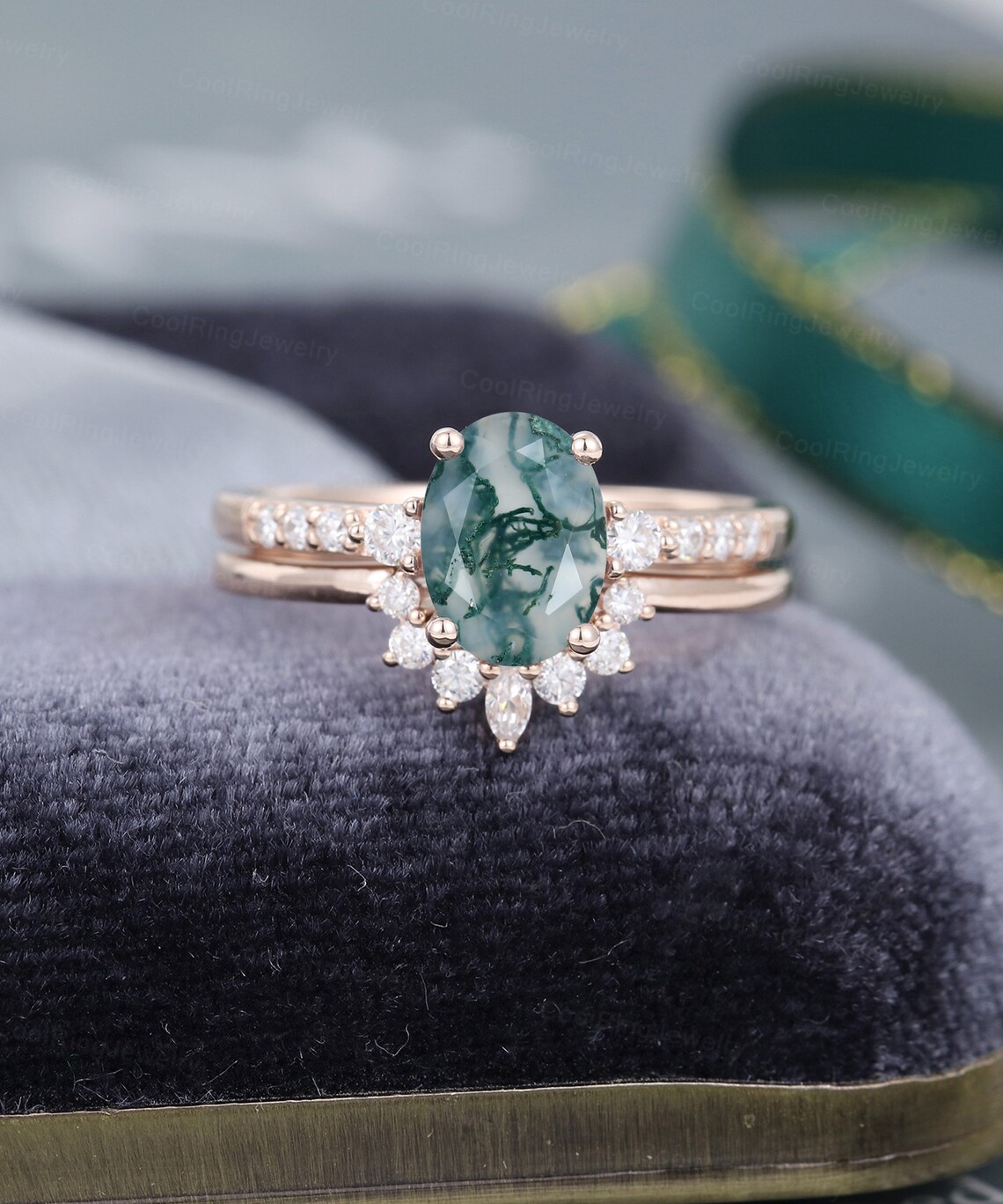 Oval cut Moss agate engagement ring vintage Rose gold Half | Etsy