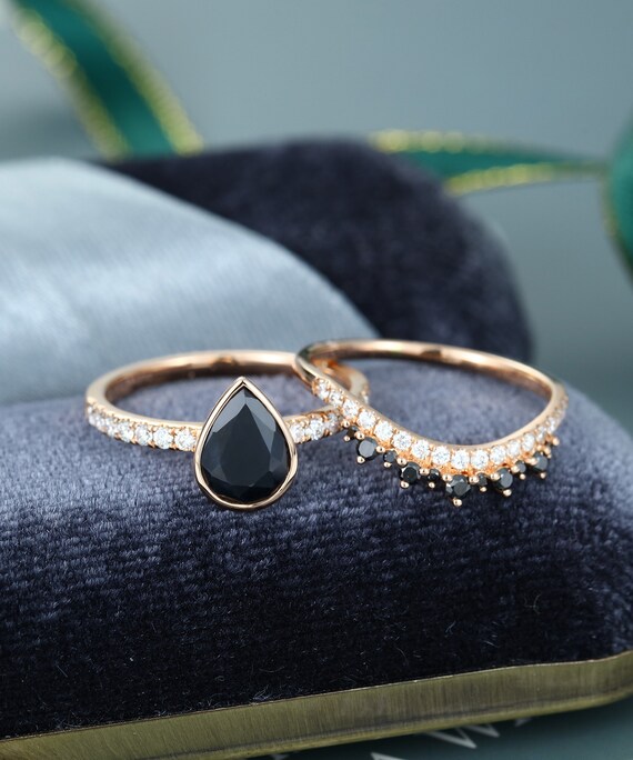 2pcs Pear Shaped Black Onyx Engagement Ring Set Vintage Women Etsy 2pcs Pear Shaped Black Onyx Engagement Ring Set Vintage Women Etsy