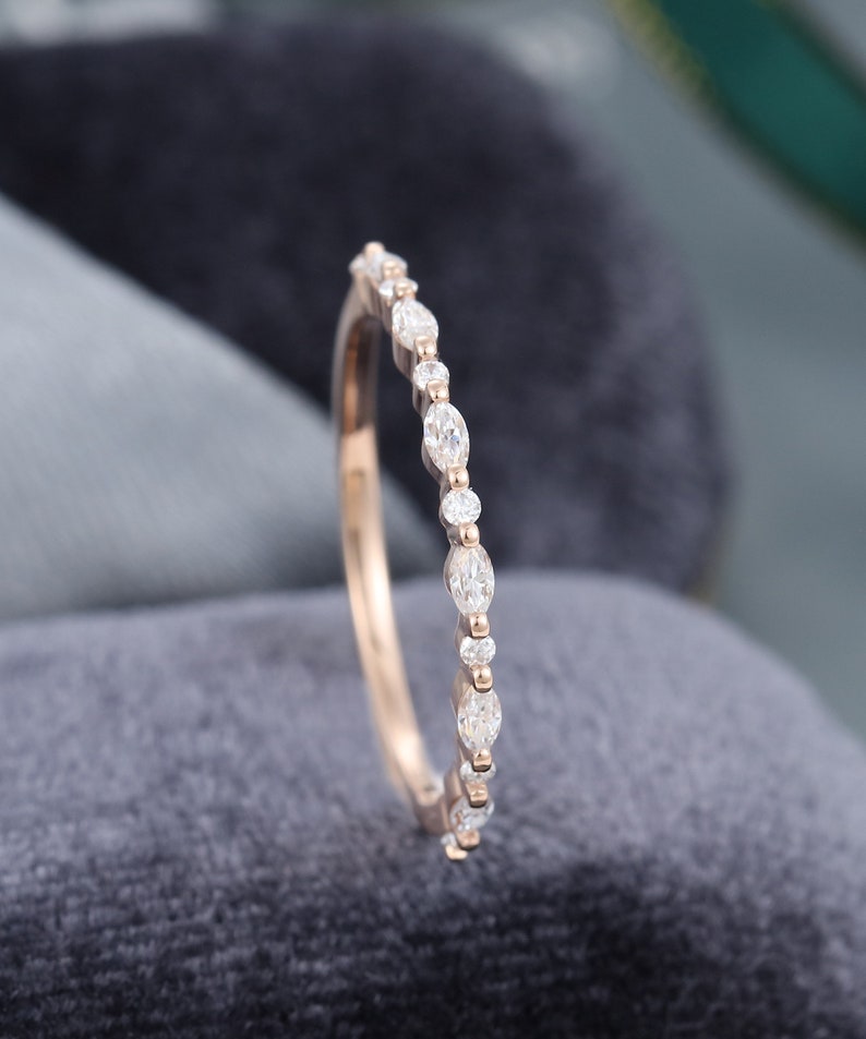 Half eternity wedding band women Moissanite wedding band Rose gold Marquise cut diamond stacking matching Vintage ring Bridal Gift for women image 5