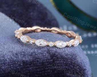 Moissanite wedding band women Rose gold wedding band Marquise cut stacking matching Unique Full eternity ring Bridal Promise Gift for women