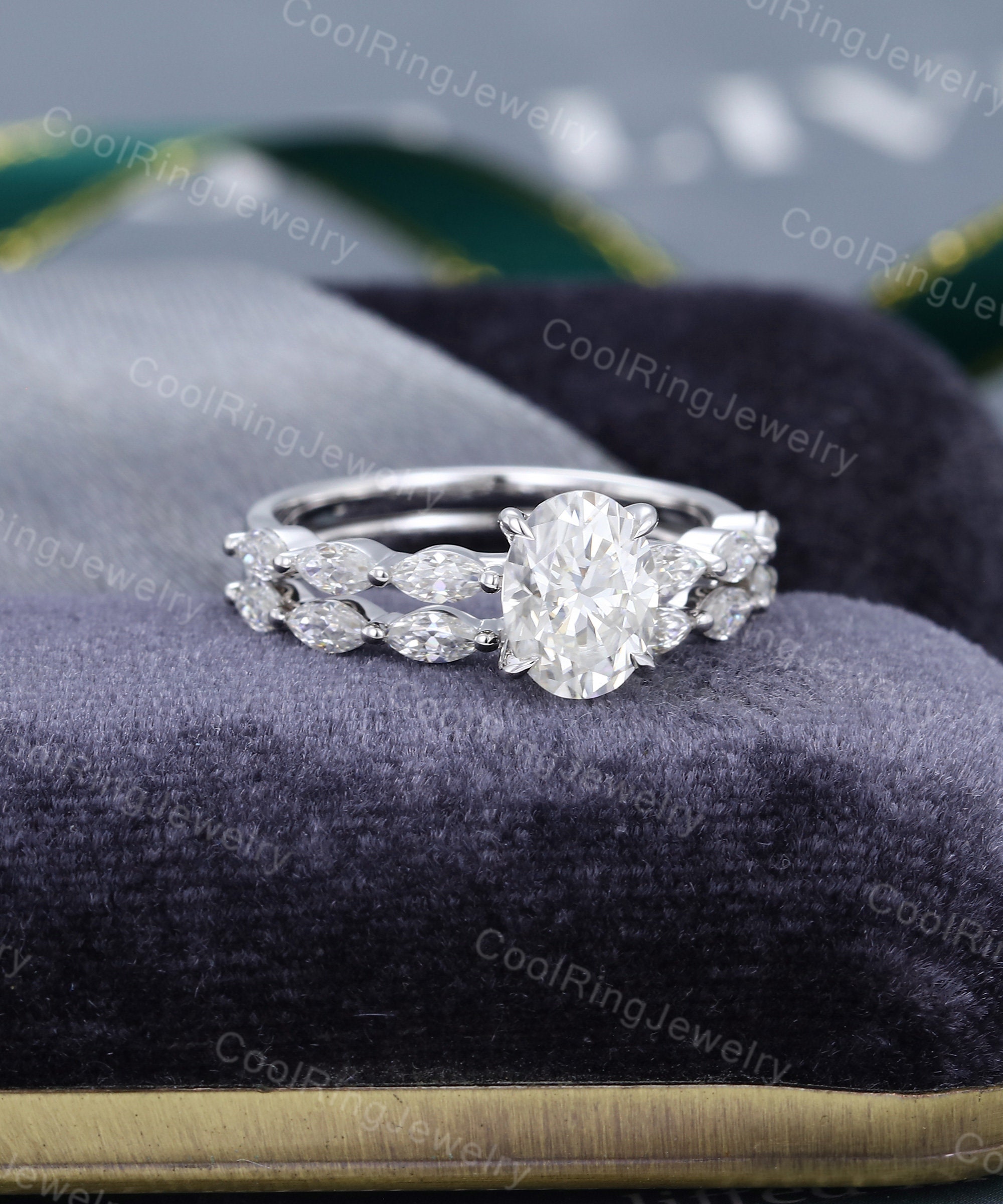 Oval Cut Moissanite Engagement Ring Set White Gold Ring Vintage ...