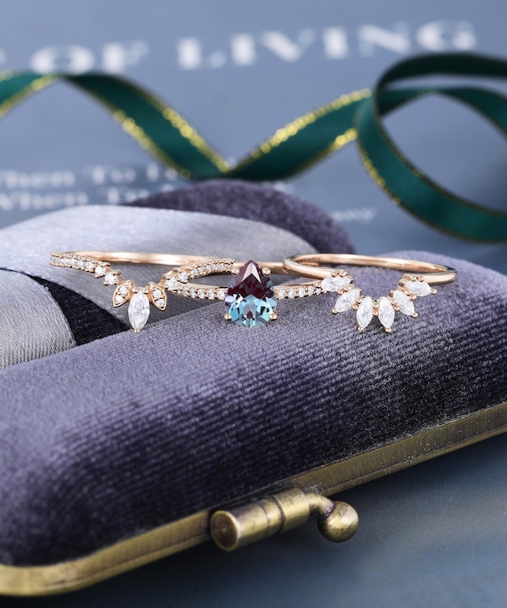 Pear shaped Alexandrite engagement ring set Unique rose gold Bridal set curved ring Marquise cut Moissanite ring Bridal gift for women