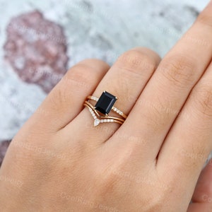 Emerald cut Black Onyx engagement ring set vintage Moissanite Diamond rose gold ring Curved stacking matching band Bridal gift for women image 6