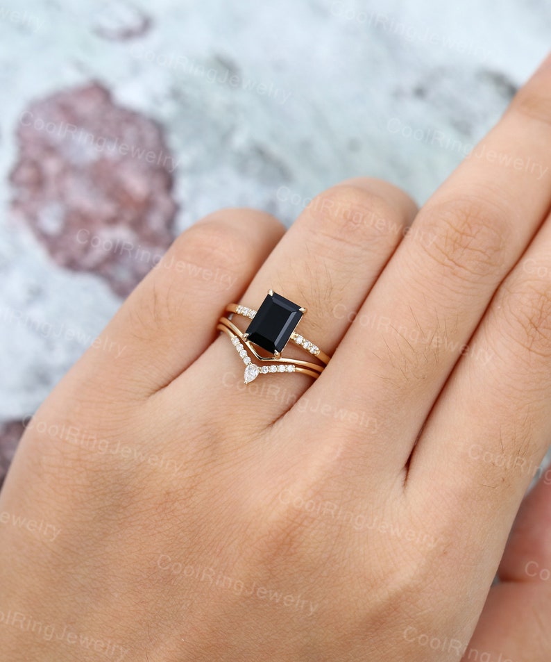 Emerald cut Black Onyx engagement ring set vintage Moissanite Diamond rose gold ring Curved stacking matching band Bridal gift for women image 6