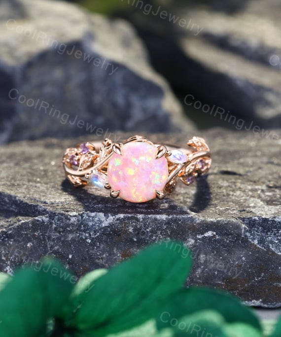 Pink Opal Engagement Ring Marquise Moonstone Ring Amethyst Ring