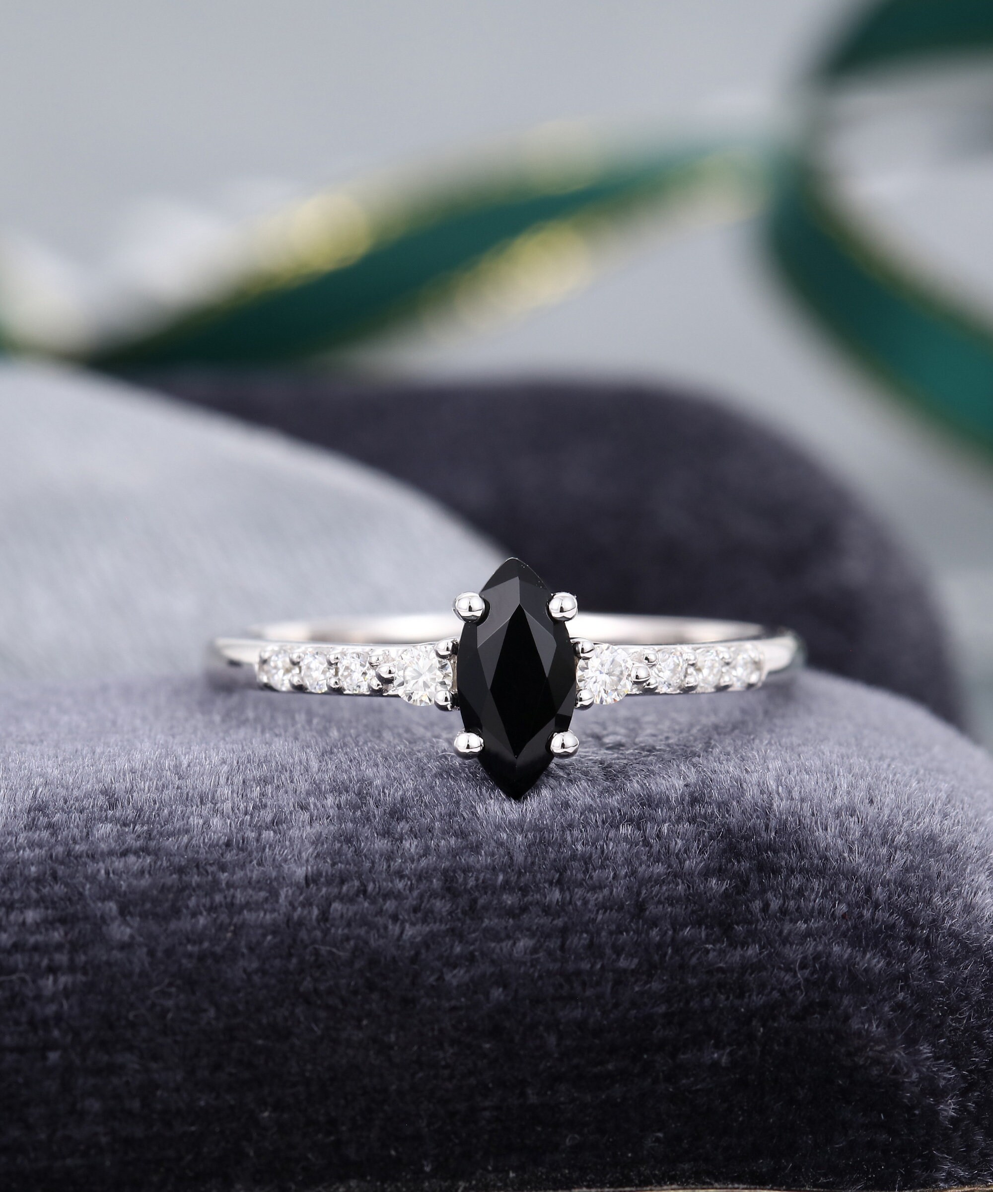 Marquise Cut Black Onyx Engagement Ring Vintage White Gold | Etsy