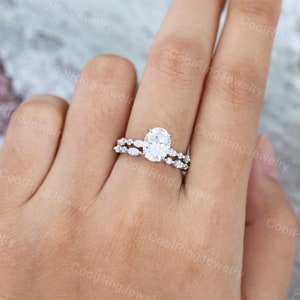 Oval cut Moissanite engagement ring set White gold engagement ring Half eternity Marquise cut vintage ring Bridal ring Promise gift for her image 5