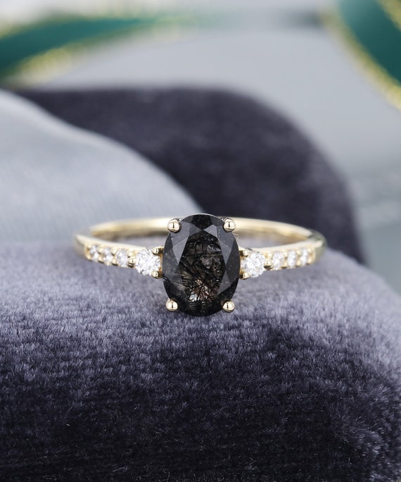 Oval Cut Black Quartz Rutilated Engagement Ring Vintage Yellow | Etsy