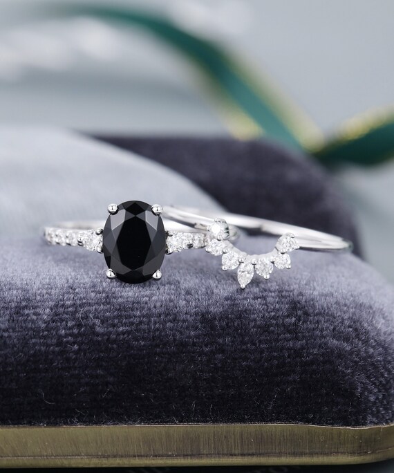 Oval Black Onyx Engagement Ring White Gold Engagement Ring Set - Etsy