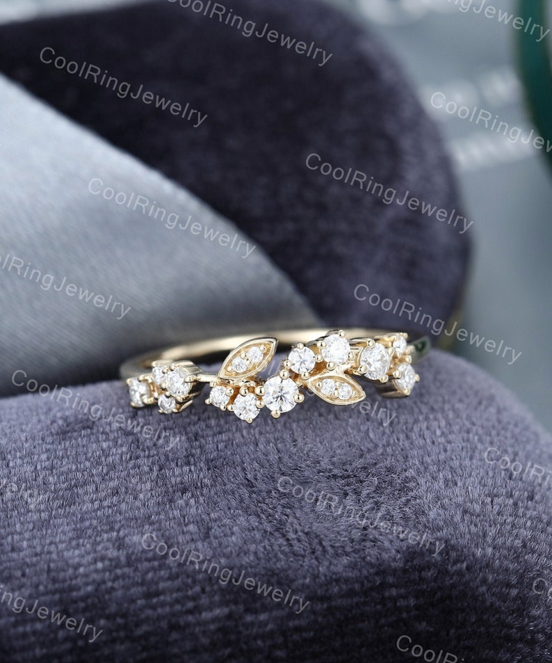 Bloemen Moissaniet trouwring massief geelgouden band unieke bladring diamant stapelen bijpassende ring trouwring trouwring verjaardag ring afbeelding 2