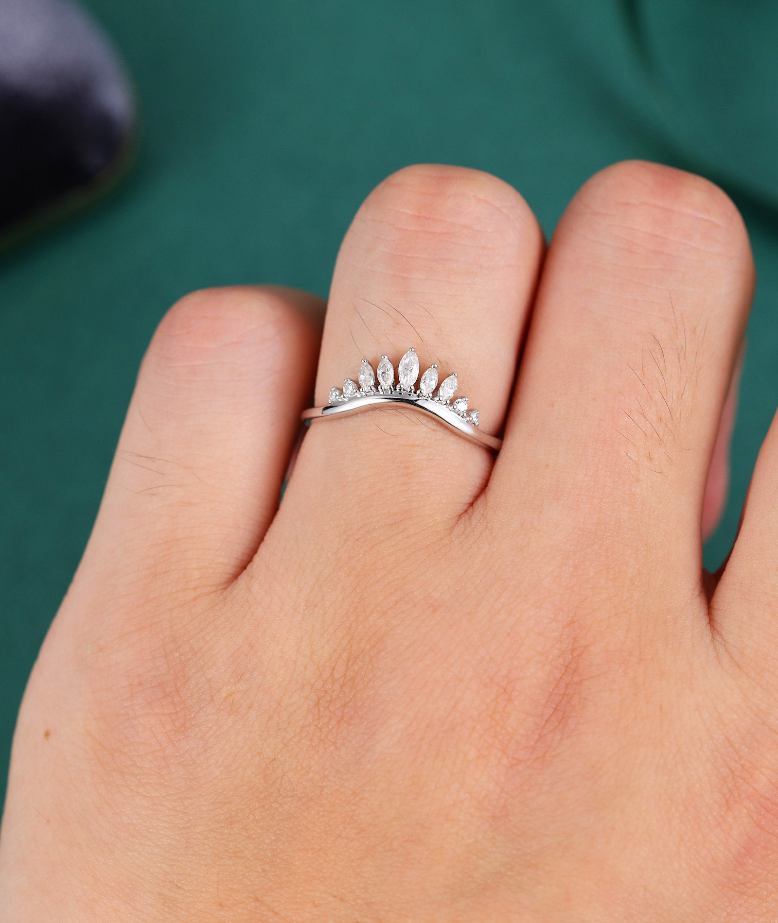 Marquise Cut Moissanite Curved Wedding Band Rose Gold Women Solid 14K ...