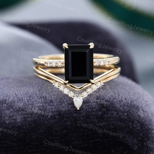 Emerald cut Black Onyx engagement ring set vintage Moissanite Diamond rose gold ring Curved stacking matching band Bridal gift for women image 4