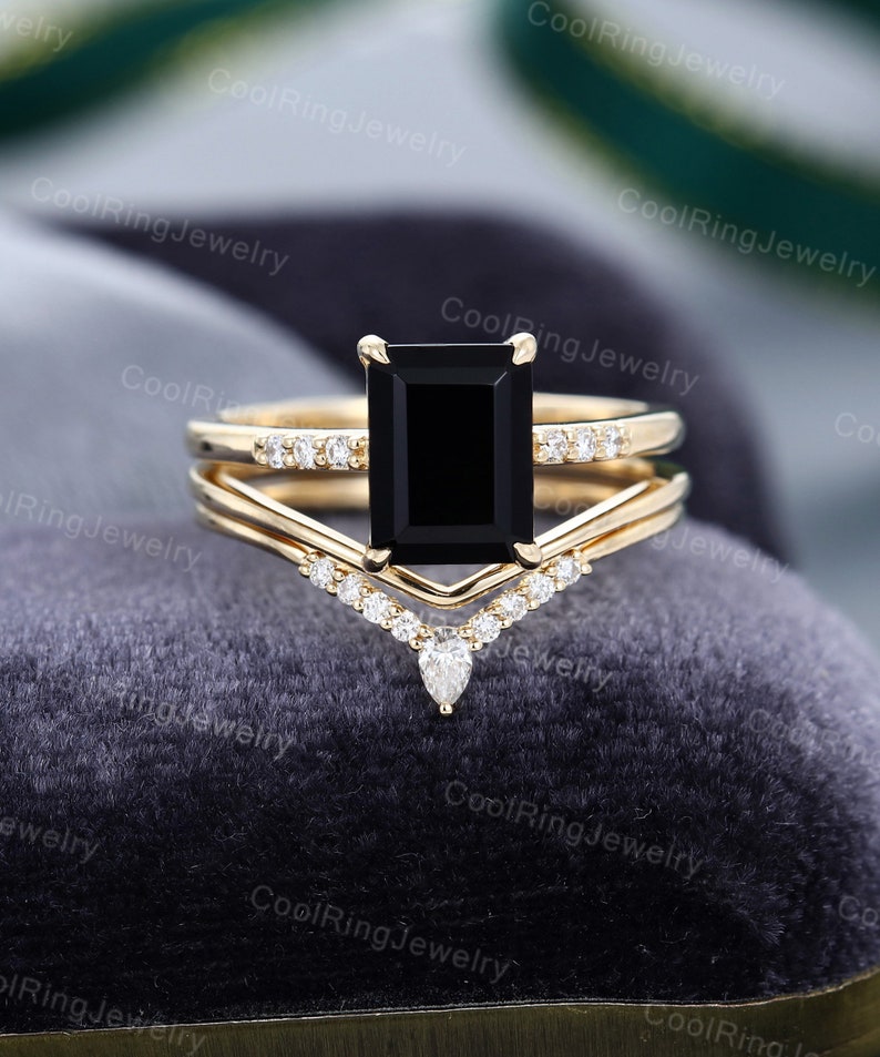 Emerald cut Black Onyx engagement ring set vintage Moissanite Diamond rose gold ring Curved stacking matching band Bridal gift for women image 4