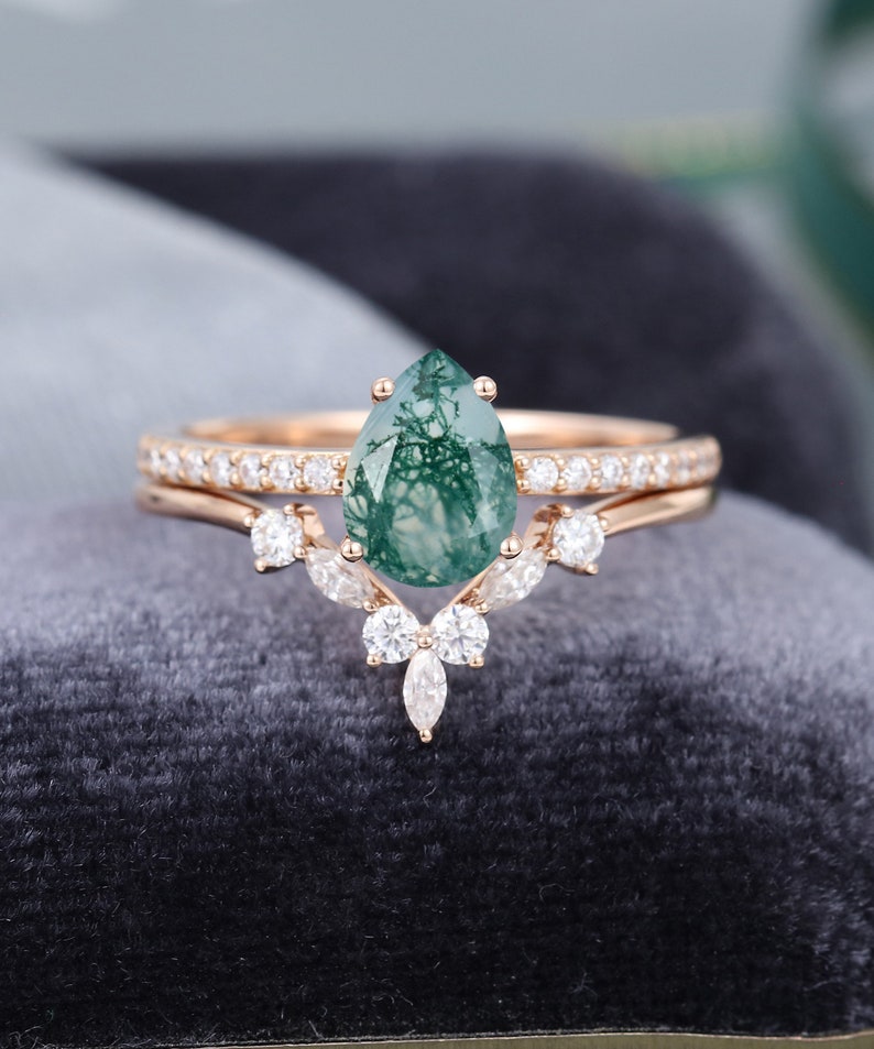 Pear Shaped Rose Gold Moss Agate Engagement Ring Vintage - Etsy