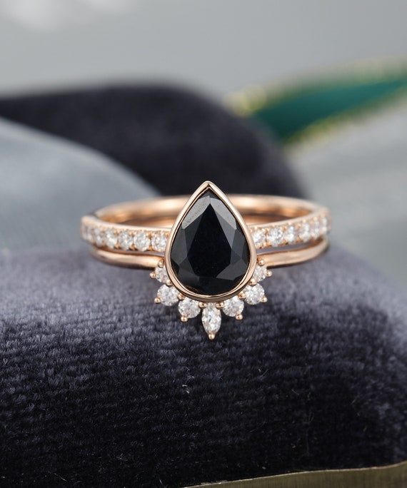 Pear Shaped Black Onyx Engagement Ring Set Rose Gold Engagement