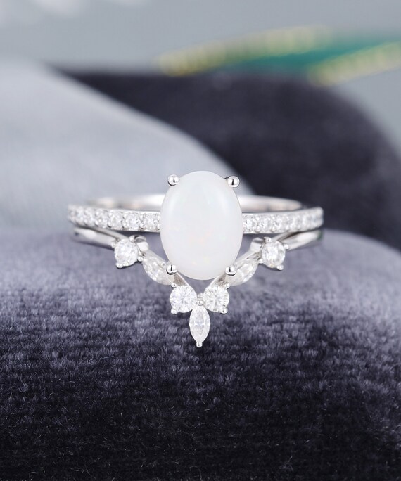Oval cut opal engagement ring set vintage white gold Bridal | Etsy