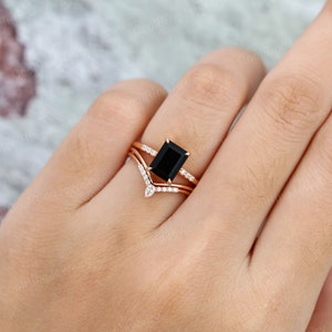 Emerald cut Black Onyx engagement ring set vintage Moissanite Diamond rose gold ring Curved stacking matching band Bridal gift for women image 3