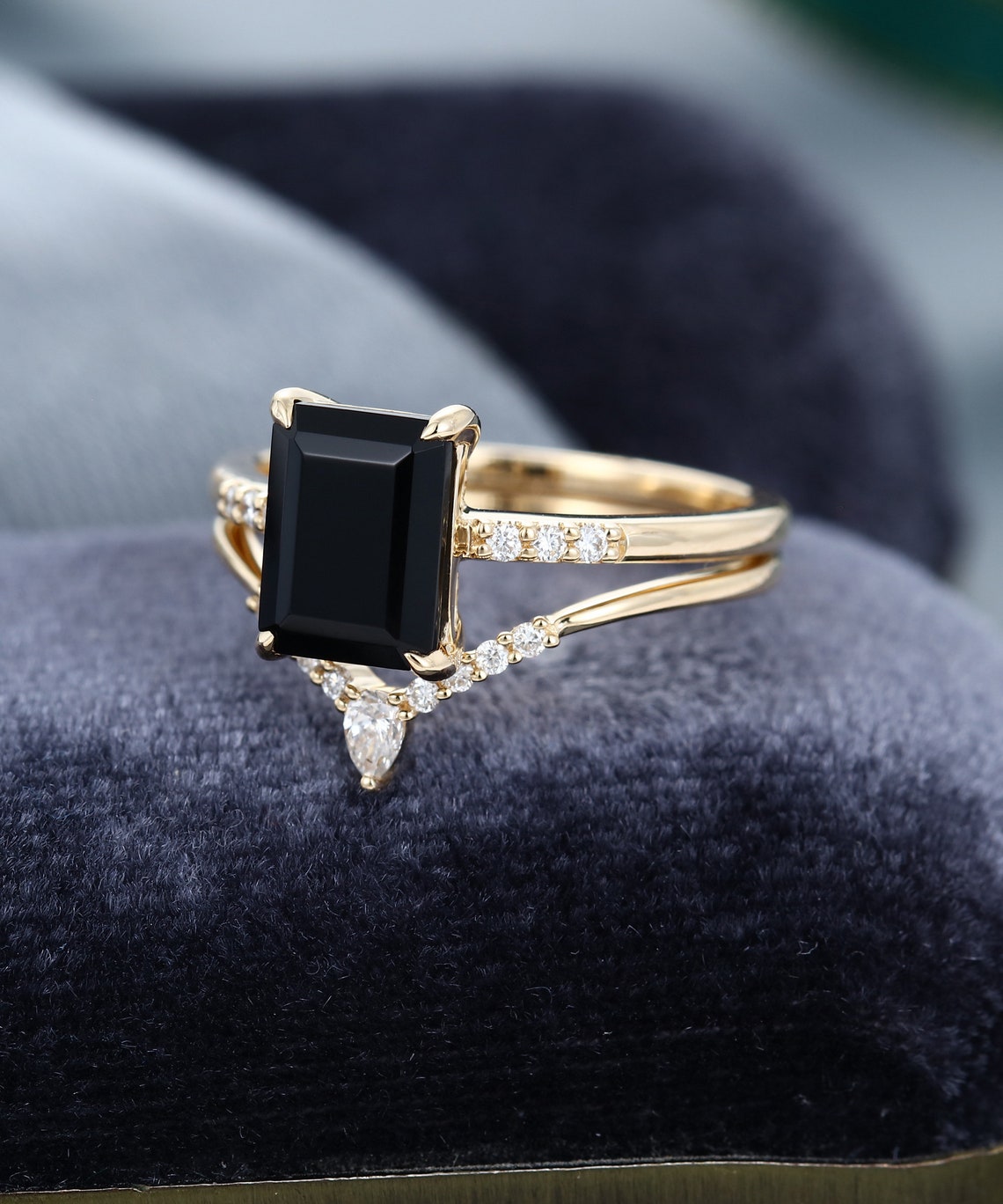 Emerald Cut Black Onyx Engagement Ring Set Moissanite/diamond Etsy