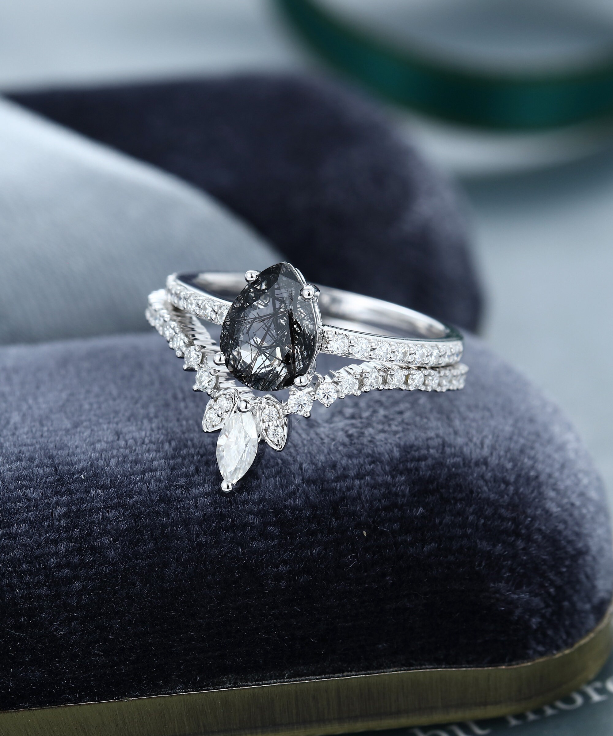 Pear Shaped Black Quartz Rutilated Engagement Ring Vintage | Etsy