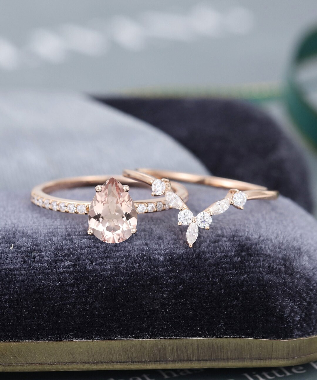 2PCS Pear Shaped Morganite Engagement Ring Set Solid Rose Gold Bridal ...