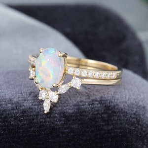 Oval Opal Engagement Ring Set Vintage Yellow Gold Unique Marquise Cut ...
